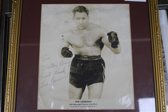 Signed Photograph of Gus Lesnevich Light heavyweight champion of the world plus framed Cigarette cards and framed print